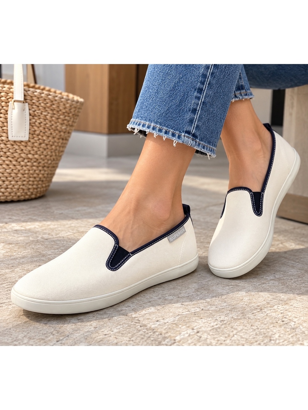 NWT Superga 2200-COTU Slip On Shoes White Blue Canvas Unisex Size US M 7,5/ W 9